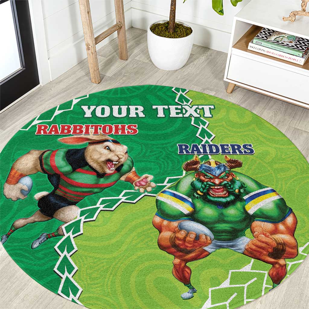 Personalised Rabbitohs And Raiders Rugby Round Carpet Aboriginal Mix Polynesian Pattern