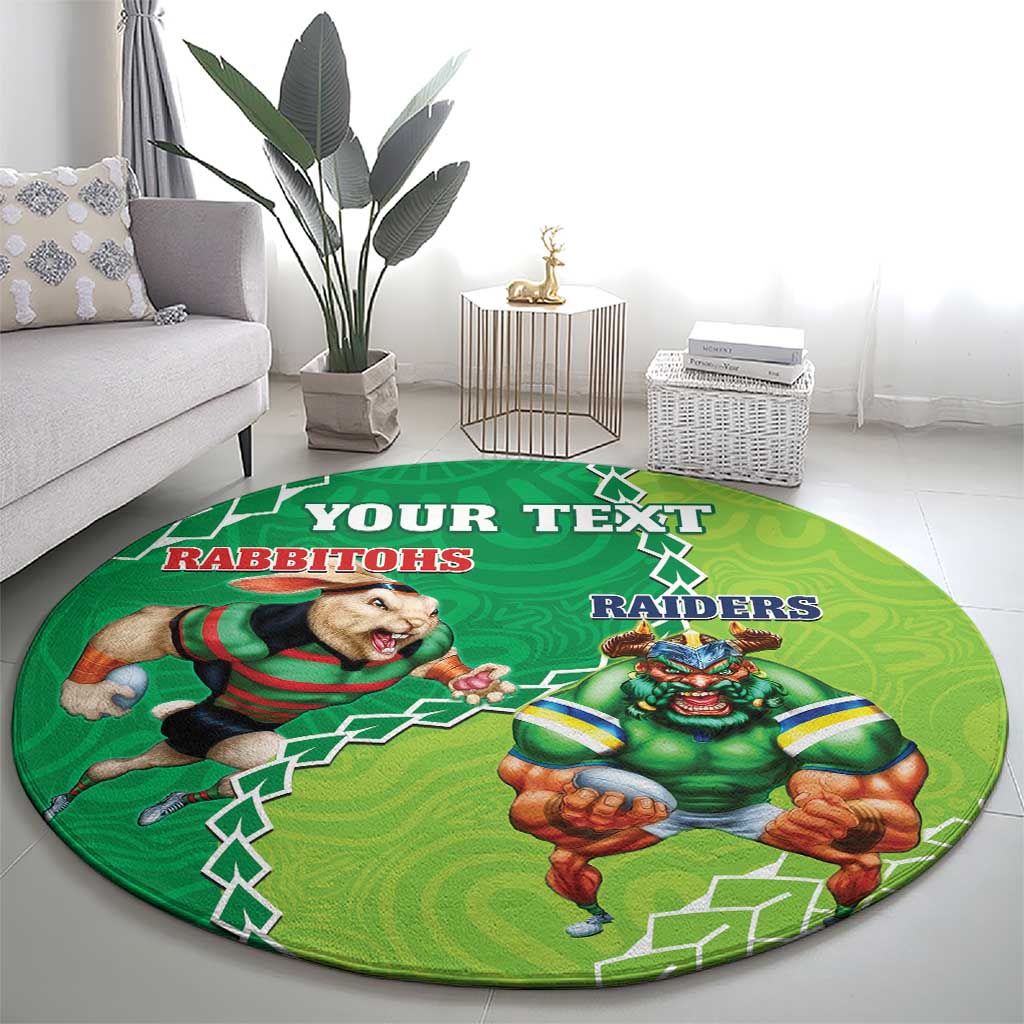 Personalised Rabbitohs And Raiders Rugby Round Carpet Aboriginal Mix Polynesian Pattern