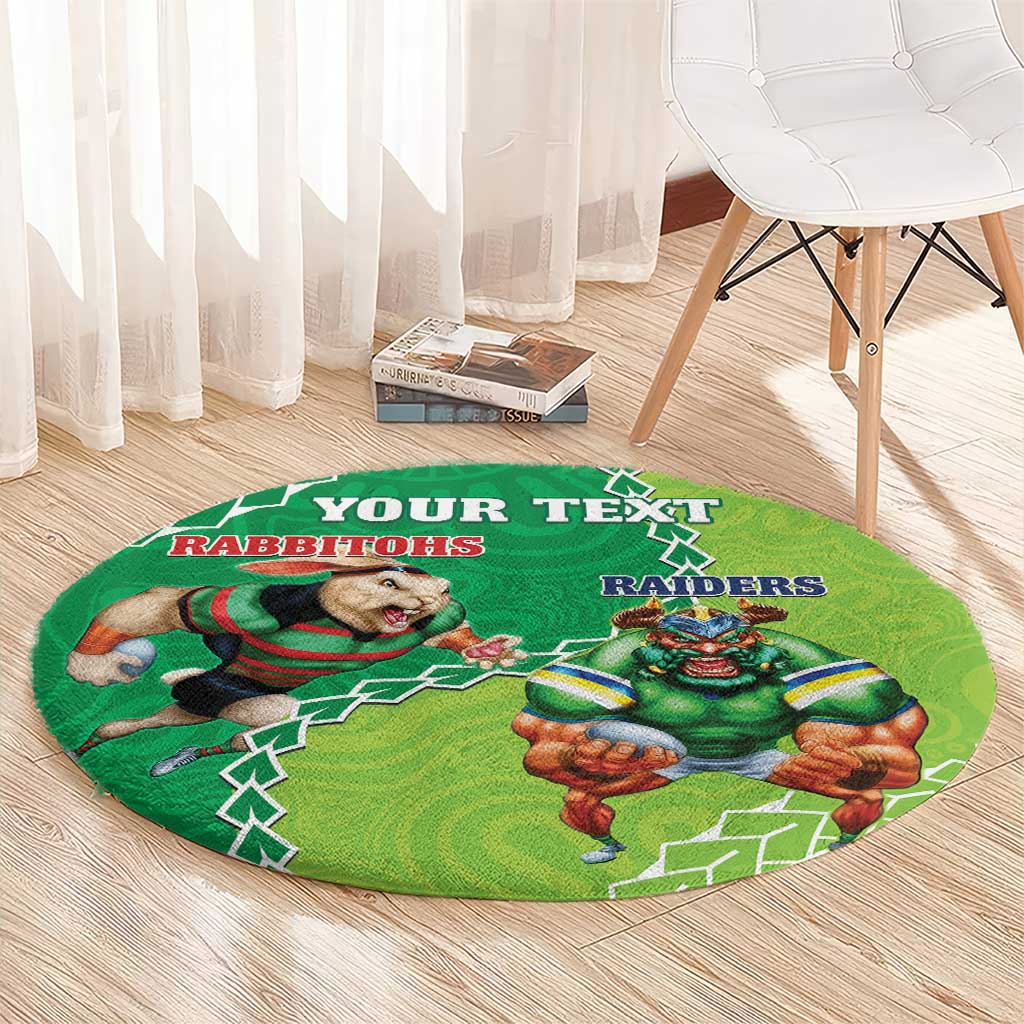Personalised Rabbitohs And Raiders Rugby Round Carpet Aboriginal Mix Polynesian Pattern