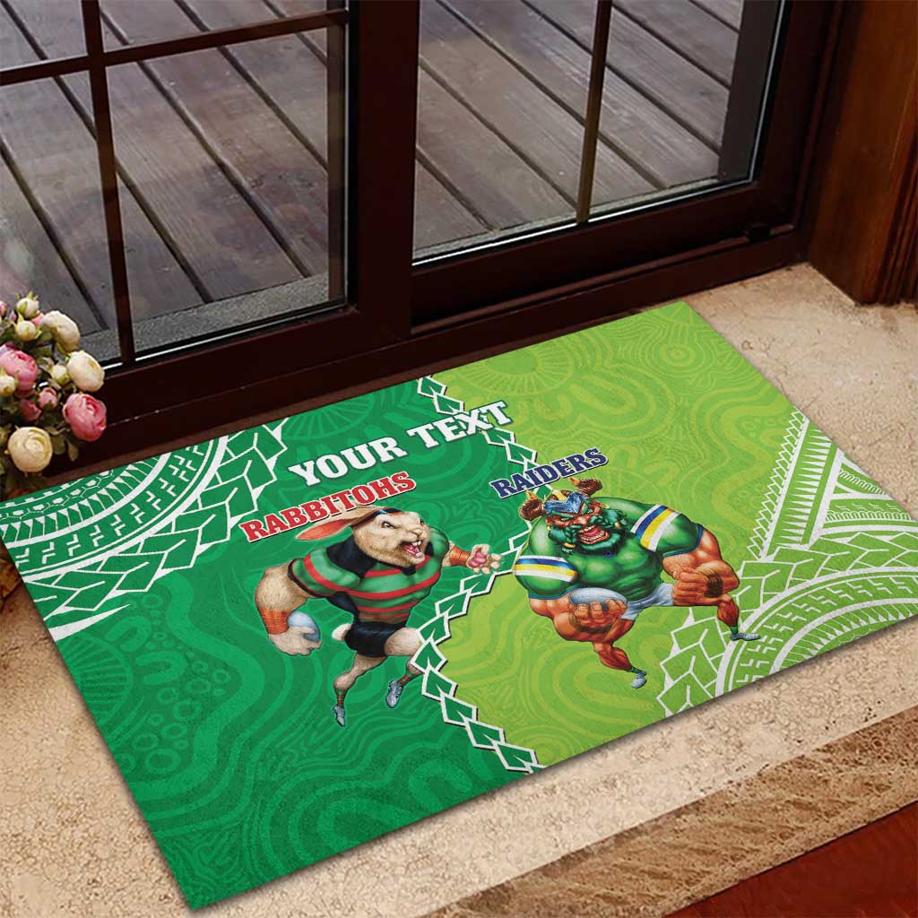 Personalised Rabbitohs And Raiders Rugby Rubber Doormat Aboriginal Mix Polynesian Pattern