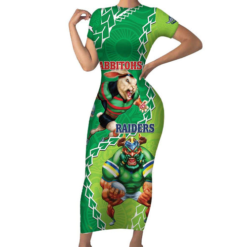 Personalised Rabbitohs And Raiders Rugby Short Sleeve Bodycon Dress Aboriginal Mix Polynesian Pattern