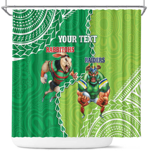 Personalised Rabbitohs And Raiders Rugby Shower Curtain Aboriginal Mix Polynesian Pattern