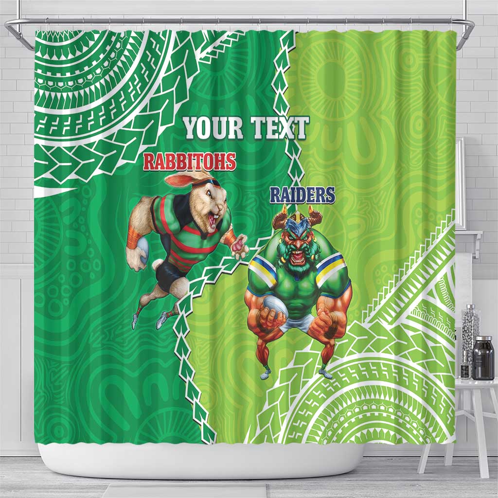 Personalised Rabbitohs And Raiders Rugby Shower Curtain Aboriginal Mix Polynesian Pattern