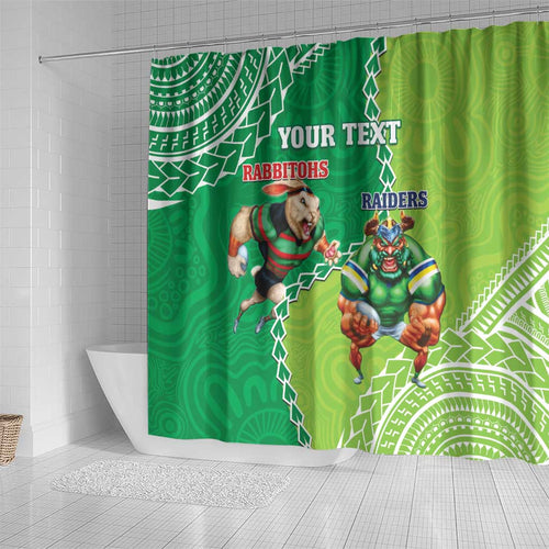 Personalised Rabbitohs And Raiders Rugby Shower Curtain Aboriginal Mix Polynesian Pattern