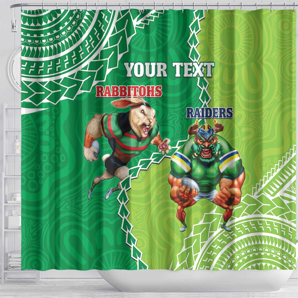 Personalised Rabbitohs And Raiders Rugby Shower Curtain Aboriginal Mix Polynesian Pattern