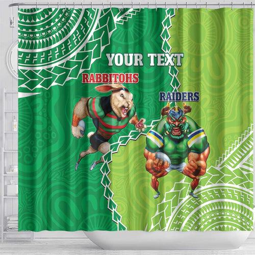 Personalised Rabbitohs And Raiders Rugby Shower Curtain Aboriginal Mix Polynesian Pattern