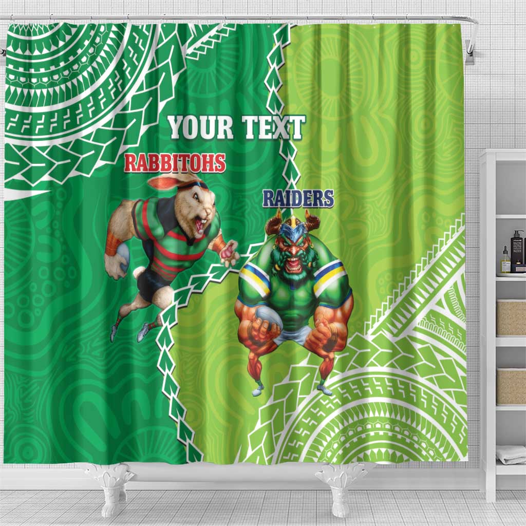 Personalised Rabbitohs And Raiders Rugby Shower Curtain Aboriginal Mix Polynesian Pattern