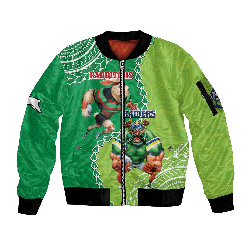 Personalised Rabbitohs And Raiders Rugby Sleeve Zip Bomber Jacket Aboriginal Mix Polynesian Pattern