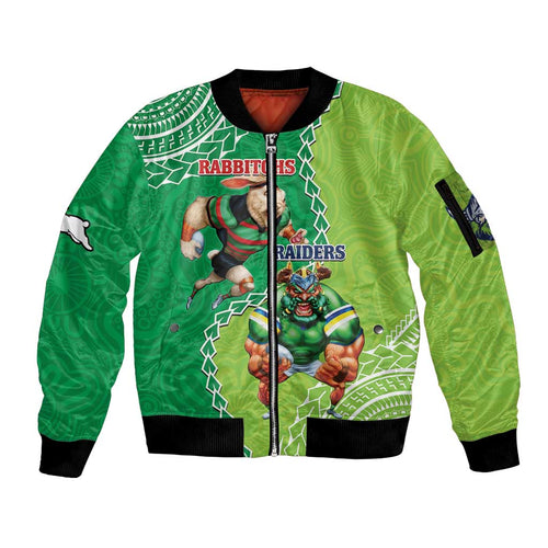 Personalised Rabbitohs And Raiders Rugby Sleeve Zip Bomber Jacket Aboriginal Mix Polynesian Pattern