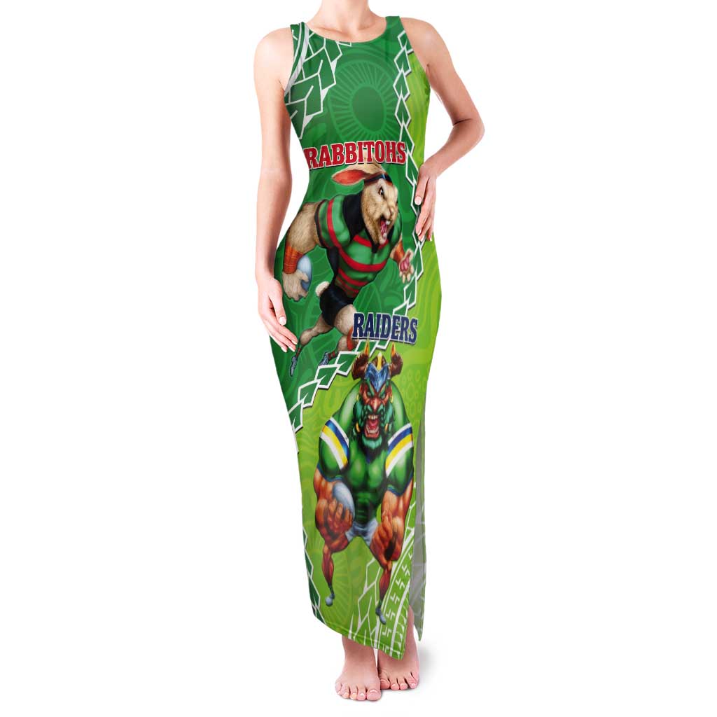 Personalised Rabbitohs And Raiders Rugby Tank Maxi Dress Aboriginal Mix Polynesian Pattern