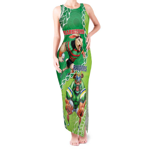 Personalised Rabbitohs And Raiders Rugby Tank Maxi Dress Aboriginal Mix Polynesian Pattern