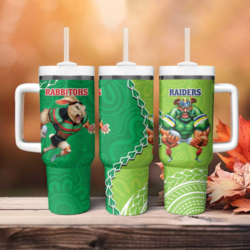 Rabbitohs And Raiders Rugby Tumbler With Handle Aboriginal Mix Polynesian Pattern