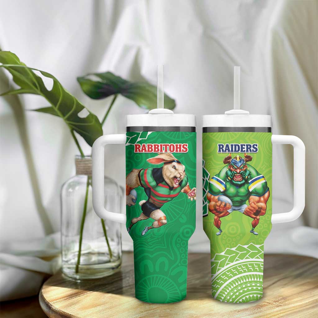 Rabbitohs And Raiders Rugby Tumbler With Handle Aboriginal Mix Polynesian Pattern