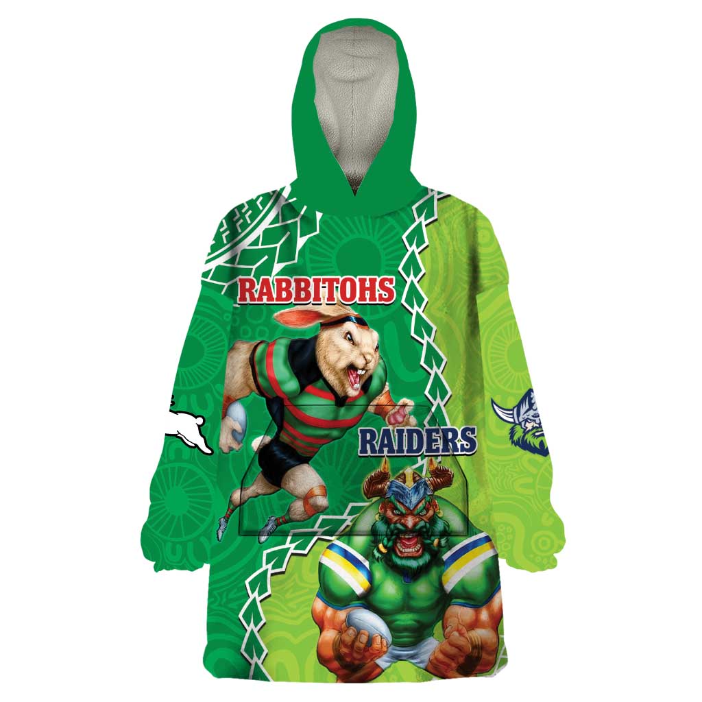 Personalised Rabbitohs And Raiders Rugby Wearable Blanket Hoodie Aboriginal Mix Polynesian Pattern