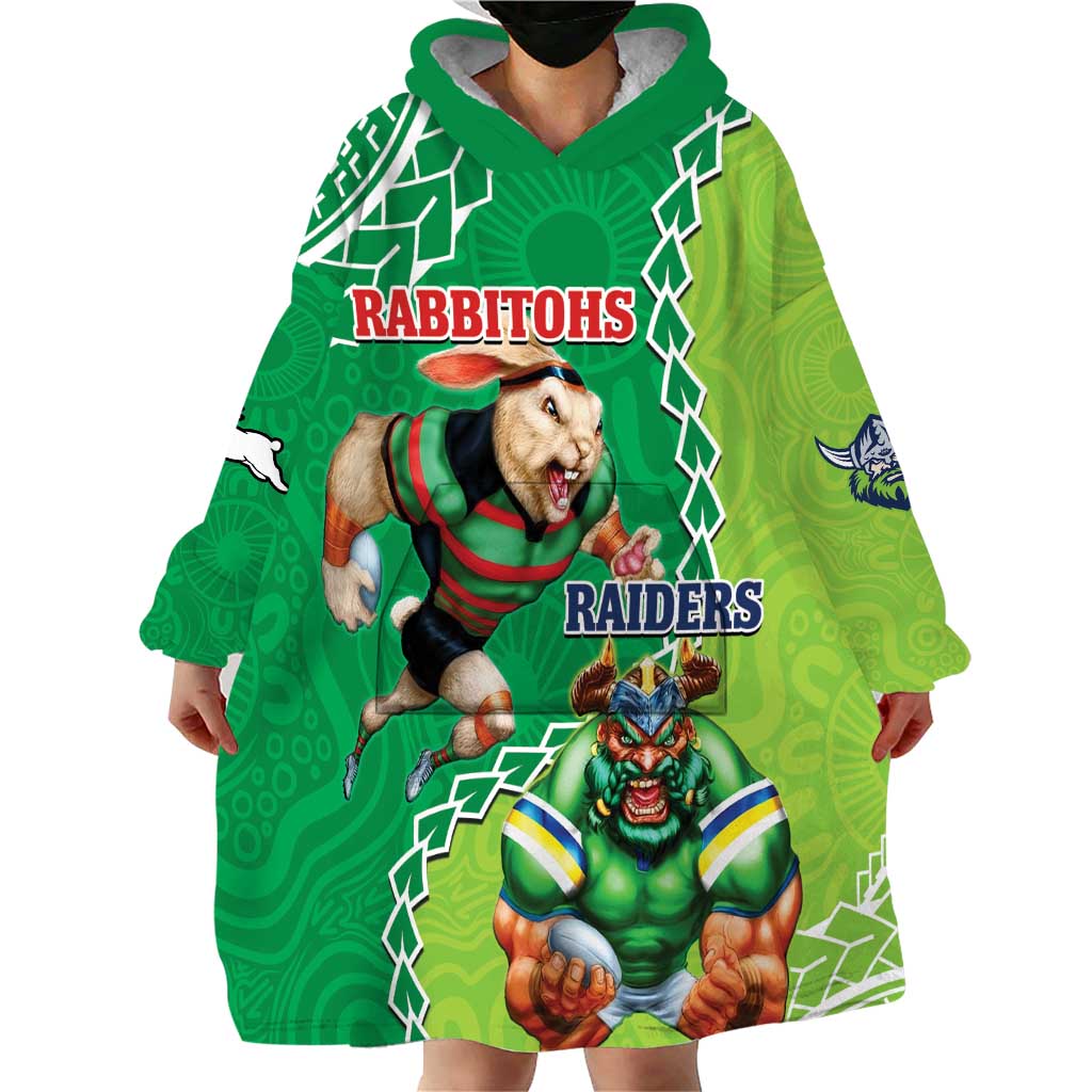 Personalised Rabbitohs And Raiders Rugby Wearable Blanket Hoodie Aboriginal Mix Polynesian Pattern