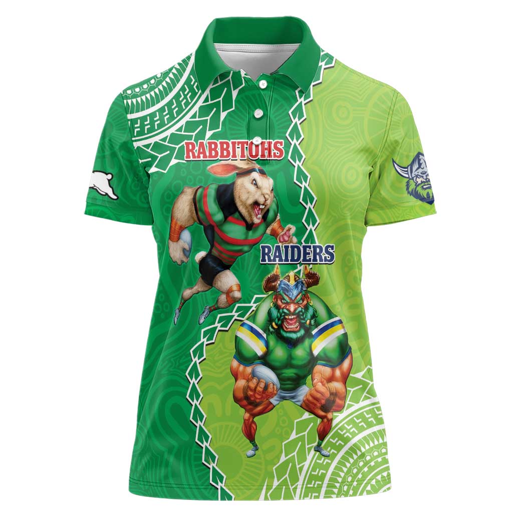 Personalised Rabbitohs And Raiders Rugby Women Polo Shirt Aboriginal Mix Polynesian Pattern