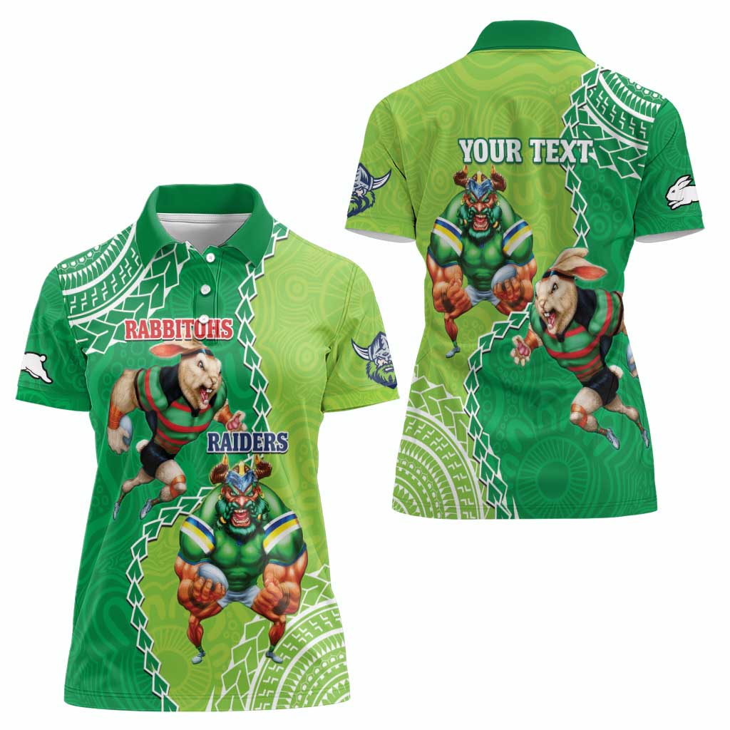 Personalised Rabbitohs And Raiders Rugby Women Polo Shirt Aboriginal Mix Polynesian Pattern