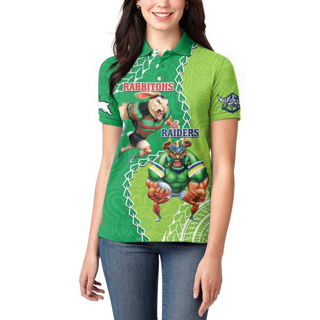 Personalised Rabbitohs And Raiders Rugby Women Polo Shirt Aboriginal Mix Polynesian Pattern