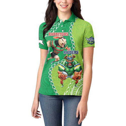 Personalised Rabbitohs And Raiders Rugby Women Polo Shirt Aboriginal Mix Polynesian Pattern