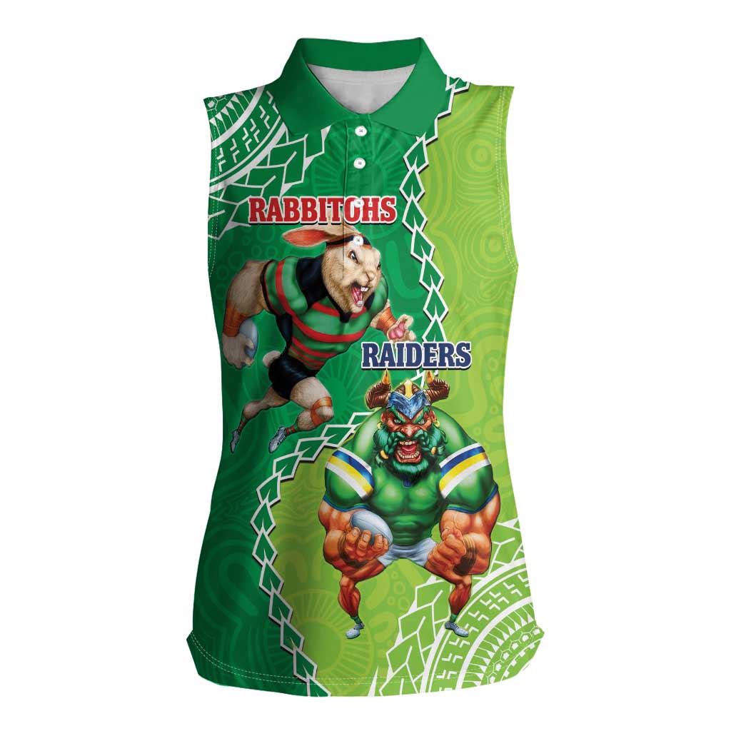 Personalised Rabbitohs And Raiders Rugby Women Sleeveless Polo Shirt Aboriginal Mix Polynesian Pattern