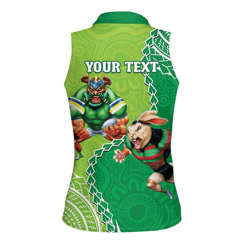 Personalised Rabbitohs And Raiders Rugby Women Sleeveless Polo Shirt Aboriginal Mix Polynesian Pattern
