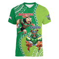 Personalised Rabbitohs And Raiders Rugby Women V-Neck T-Shirt Aboriginal Mix Polynesian Pattern