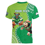 Personalised Rabbitohs And Raiders Rugby Women V-Neck T-Shirt Aboriginal Mix Polynesian Pattern