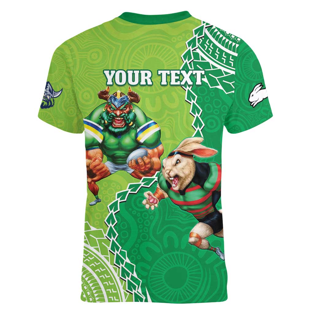 Personalised Rabbitohs And Raiders Rugby Women V-Neck T-Shirt Aboriginal Mix Polynesian Pattern