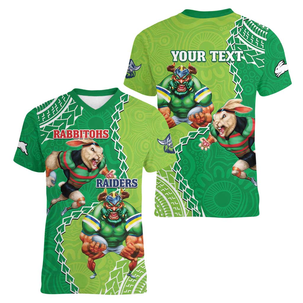 Personalised Rabbitohs And Raiders Rugby Women V-Neck T-Shirt Aboriginal Mix Polynesian Pattern
