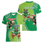 Personalised Rabbitohs And Raiders Rugby Women V-Neck T-Shirt Aboriginal Mix Polynesian Pattern