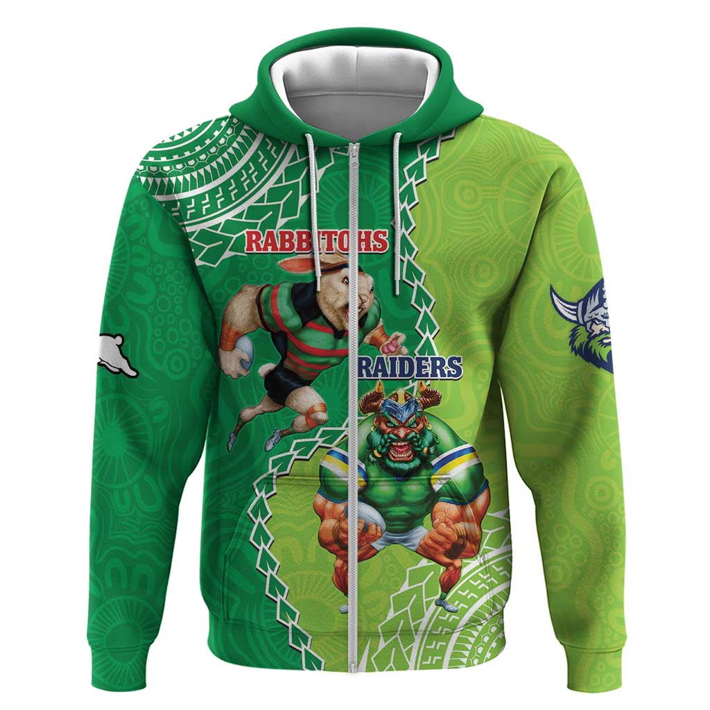 Personalised Rabbitohs And Raiders Rugby Zip Hoodie Aboriginal Mix Polynesian Pattern