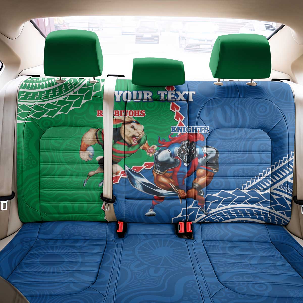 Personalised Rabbitohs And Knights Rugby Back Car Seat Cover Aboriginal Mix Polynesian Pattern