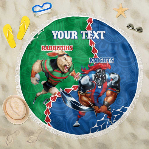 Personalised Rabbitohs And Knights Rugby Beach Blanket Aboriginal Mix Polynesian Pattern
