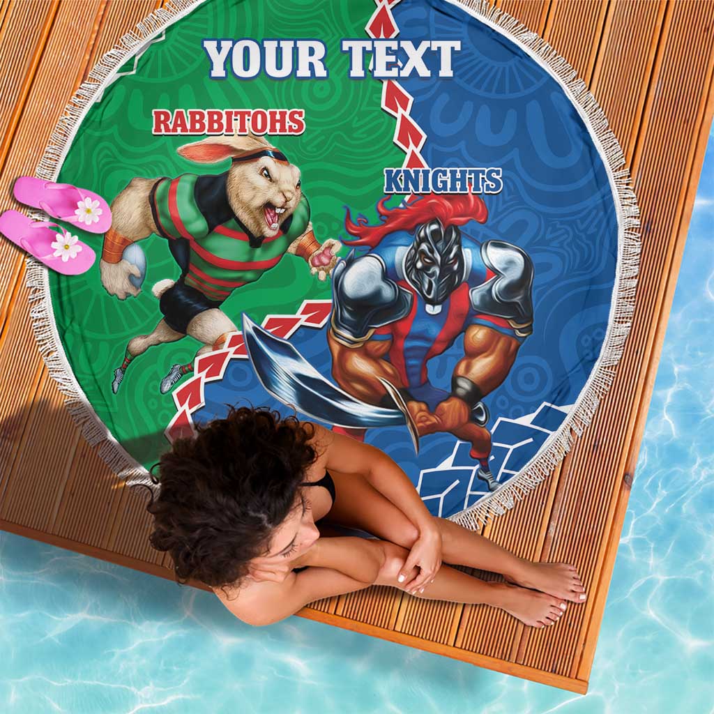 Personalised Rabbitohs And Knights Rugby Beach Blanket Aboriginal Mix Polynesian Pattern