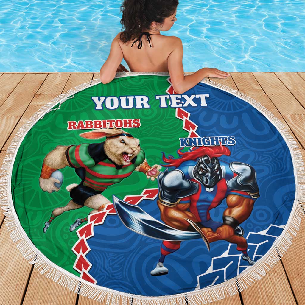 Personalised Rabbitohs And Knights Rugby Beach Blanket Aboriginal Mix Polynesian Pattern