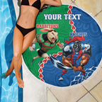 Personalised Rabbitohs And Knights Rugby Beach Blanket Aboriginal Mix Polynesian Pattern
