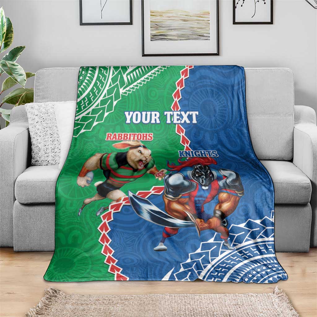 Personalised Rabbitohs And Knights Rugby Blanket Aboriginal Mix Polynesian Pattern