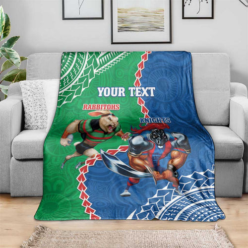 Personalised Rabbitohs And Knights Rugby Blanket Aboriginal Mix Polynesian Pattern