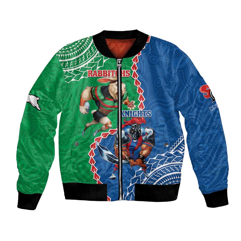 Personalised Rabbitohs And Knights Rugby Bomber Jacket Aboriginal Mix Polynesian Pattern