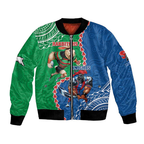 Personalised Rabbitohs And Knights Rugby Bomber Jacket Aboriginal Mix Polynesian Pattern