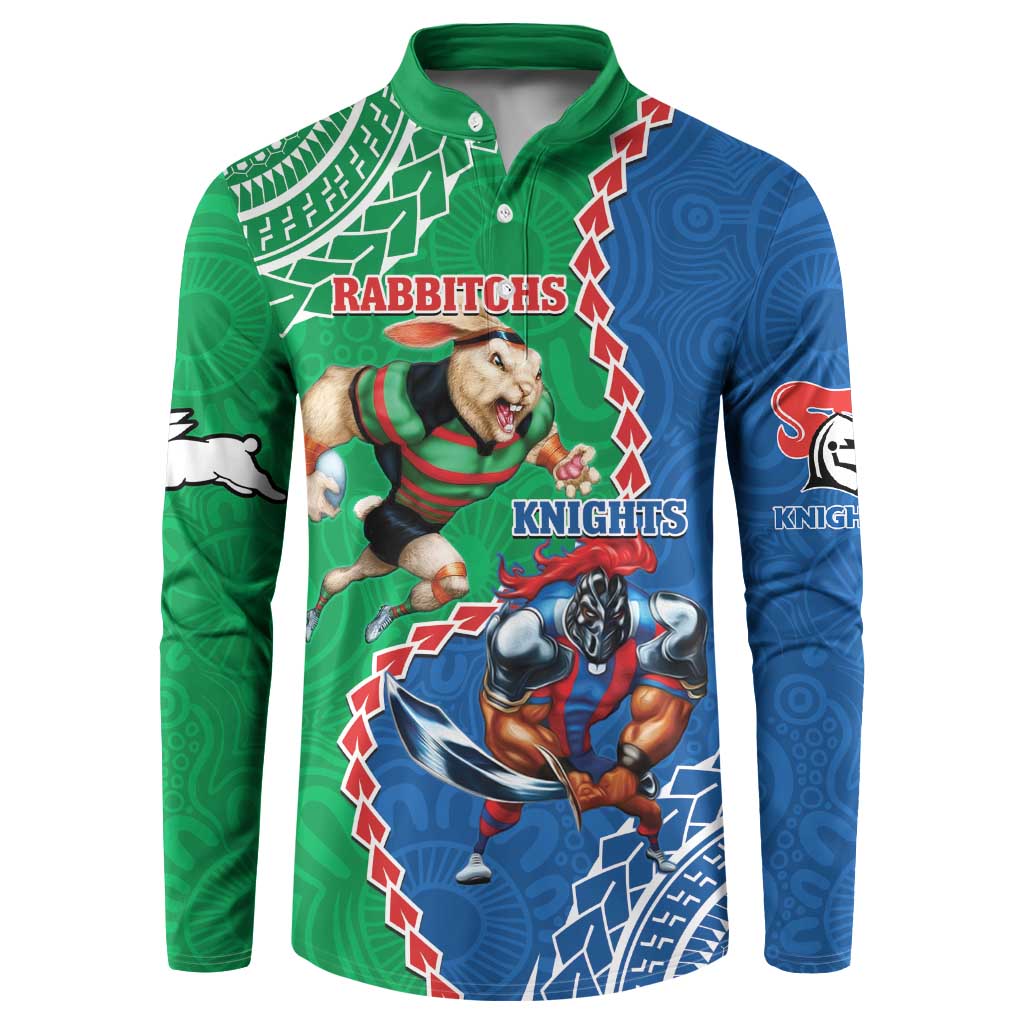 Personalised Rabbitohs And Knights Rugby Button Sweatshirt Aboriginal Mix Polynesian Pattern