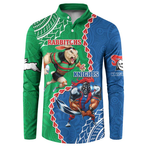 Personalised Rabbitohs And Knights Rugby Button Sweatshirt Aboriginal Mix Polynesian Pattern