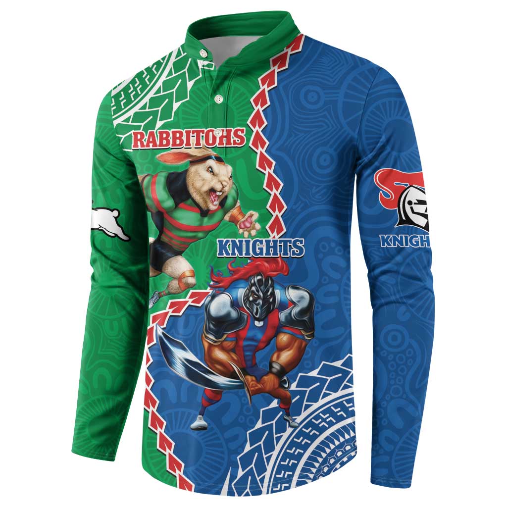Personalised Rabbitohs And Knights Rugby Button Sweatshirt Aboriginal Mix Polynesian Pattern