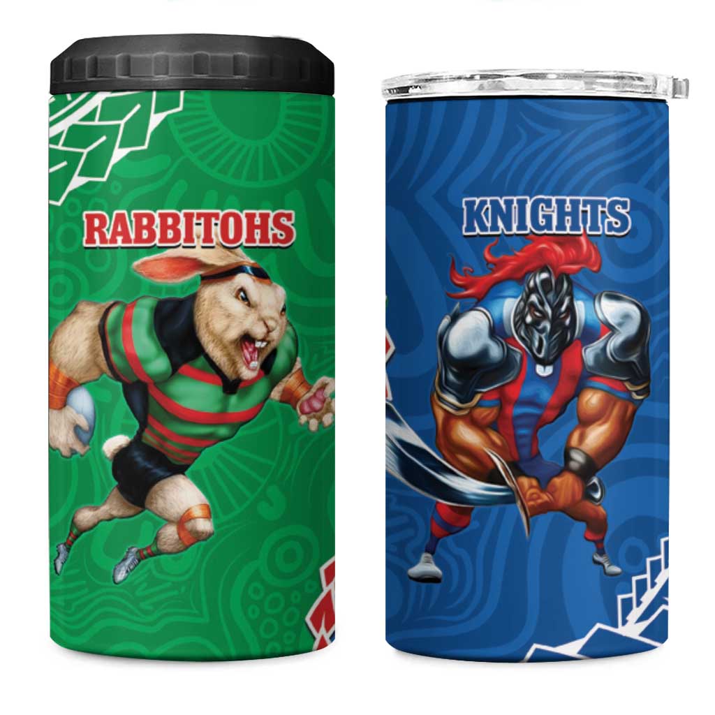 Rabbitohs And Knights Rugby 4 in 1 Can Cooler Tumbler Aboriginal Mix Polynesian Pattern