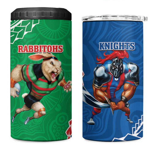 Rabbitohs And Knights Rugby 4 in 1 Can Cooler Tumbler Aboriginal Mix Polynesian Pattern