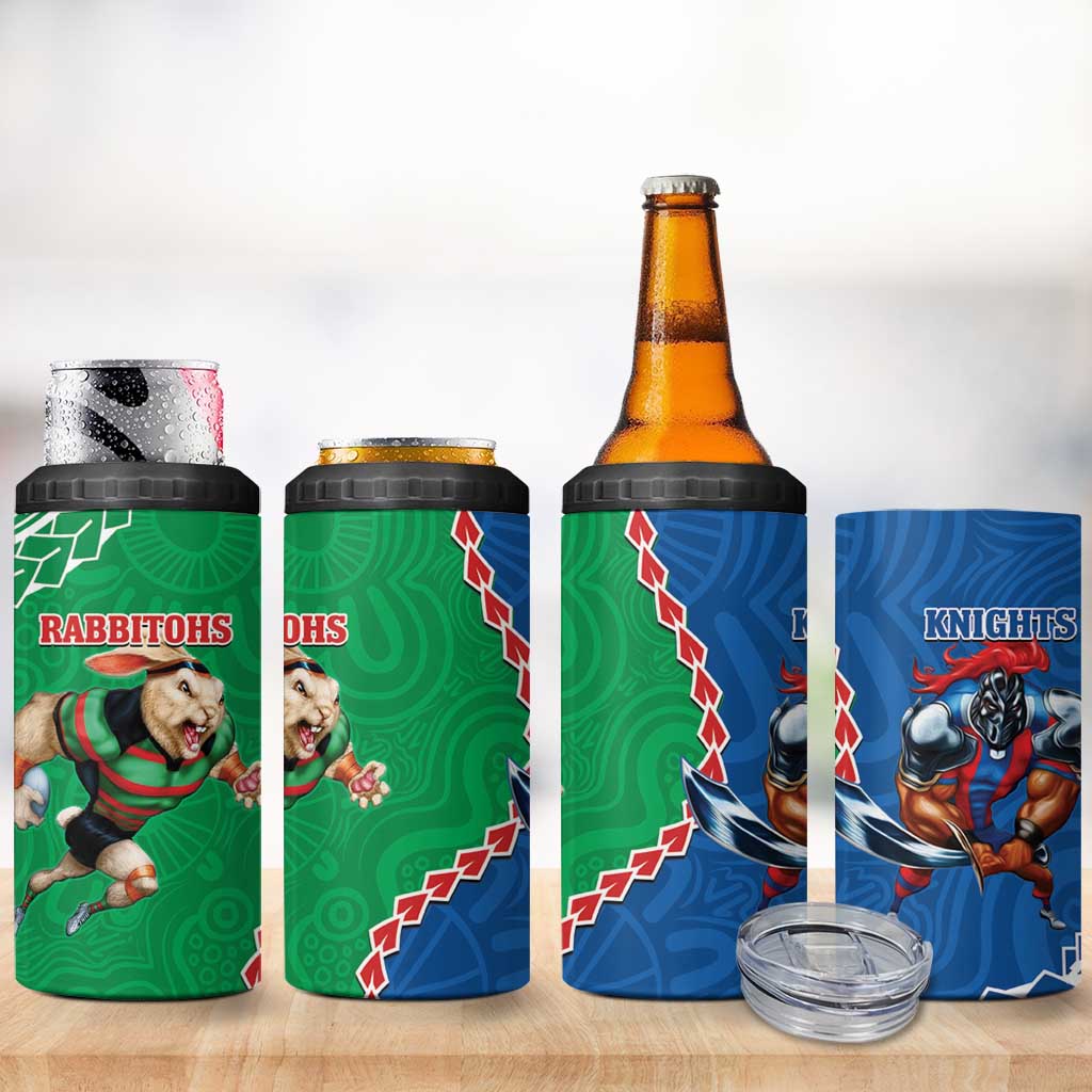 Rabbitohs And Knights Rugby 4 in 1 Can Cooler Tumbler Aboriginal Mix Polynesian Pattern