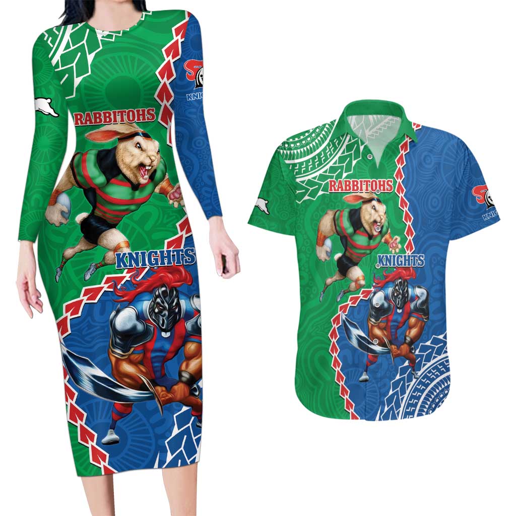 Personalised Rabbitohs And Knights Rugby Couples Matching Long Sleeve Bodycon Dress and Hawaiian Shirt Aboriginal Mix Polynesian Pattern