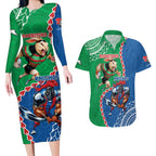 Personalised Rabbitohs And Knights Rugby Couples Matching Long Sleeve Bodycon Dress and Hawaiian Shirt Aboriginal Mix Polynesian Pattern