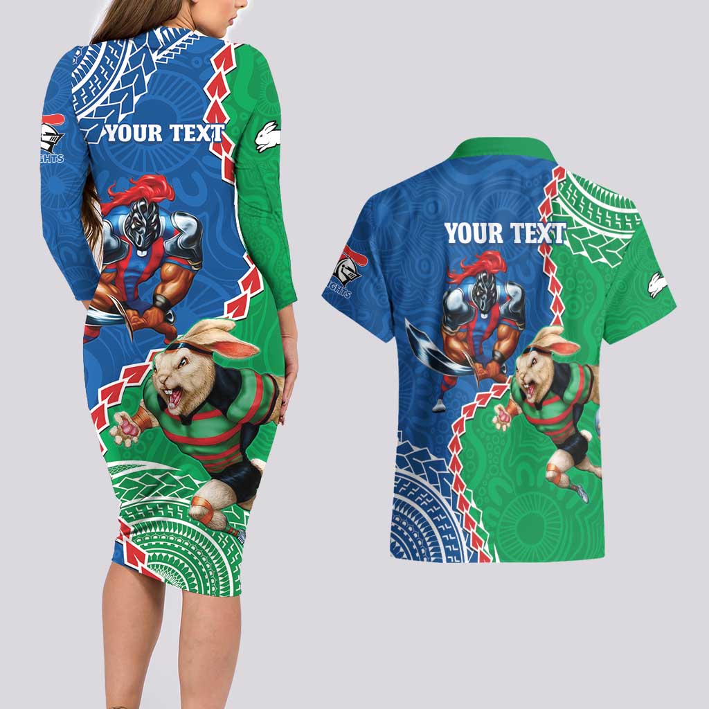 Personalised Rabbitohs And Knights Rugby Couples Matching Long Sleeve Bodycon Dress and Hawaiian Shirt Aboriginal Mix Polynesian Pattern