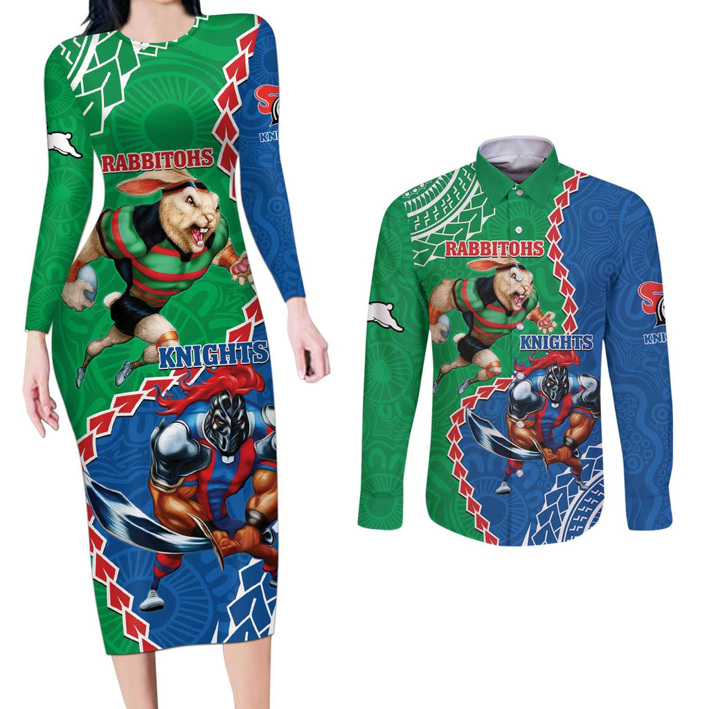 Personalised Rabbitohs And Knights Rugby Couples Matching Long Sleeve Bodycon Dress and Long Sleeve Button Shirt Aboriginal Mix Polynesian Pattern